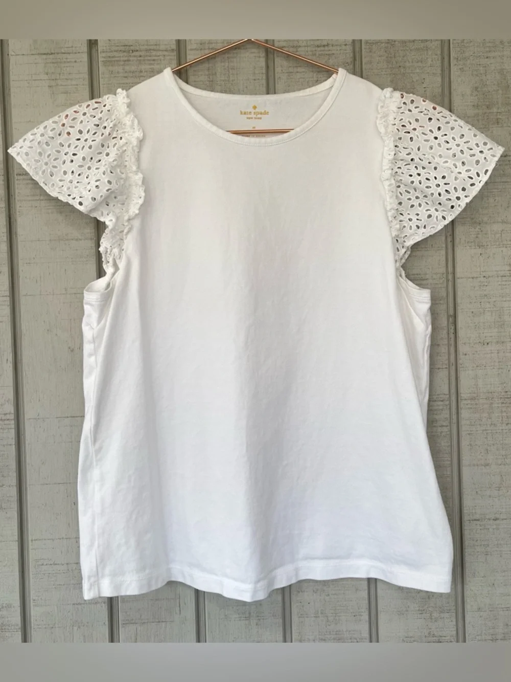 Kate Spade White Eyelet Flutter Sleeve Tee Cotton Top Medium Feminine Classic
